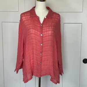 CHICO'S 3/Women's 16 Coral Linen Blouse Button Up 3/4 Sleeve Sheer Beach